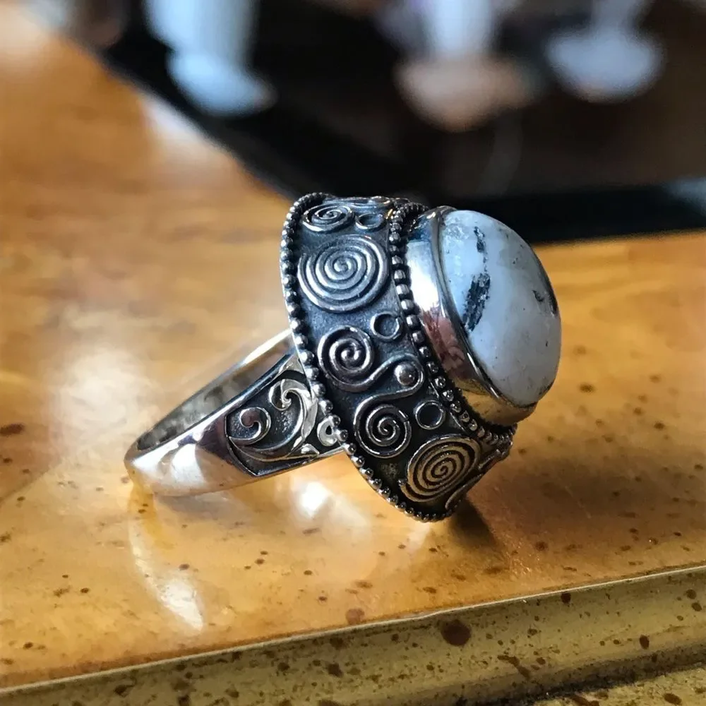 Genuine White Buffalo Turquoise Sterling Silver Cocktail Ring Size 7